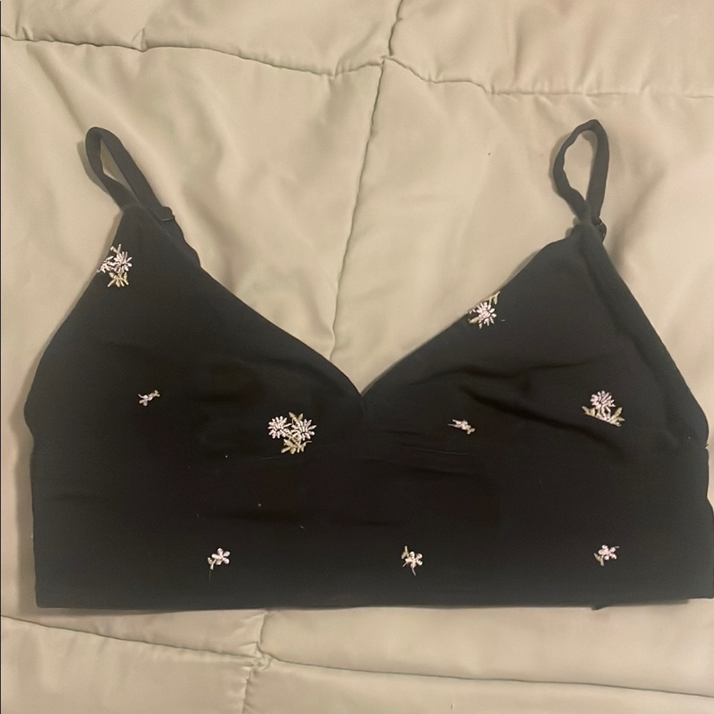 Black denim top with Floral Embroidery